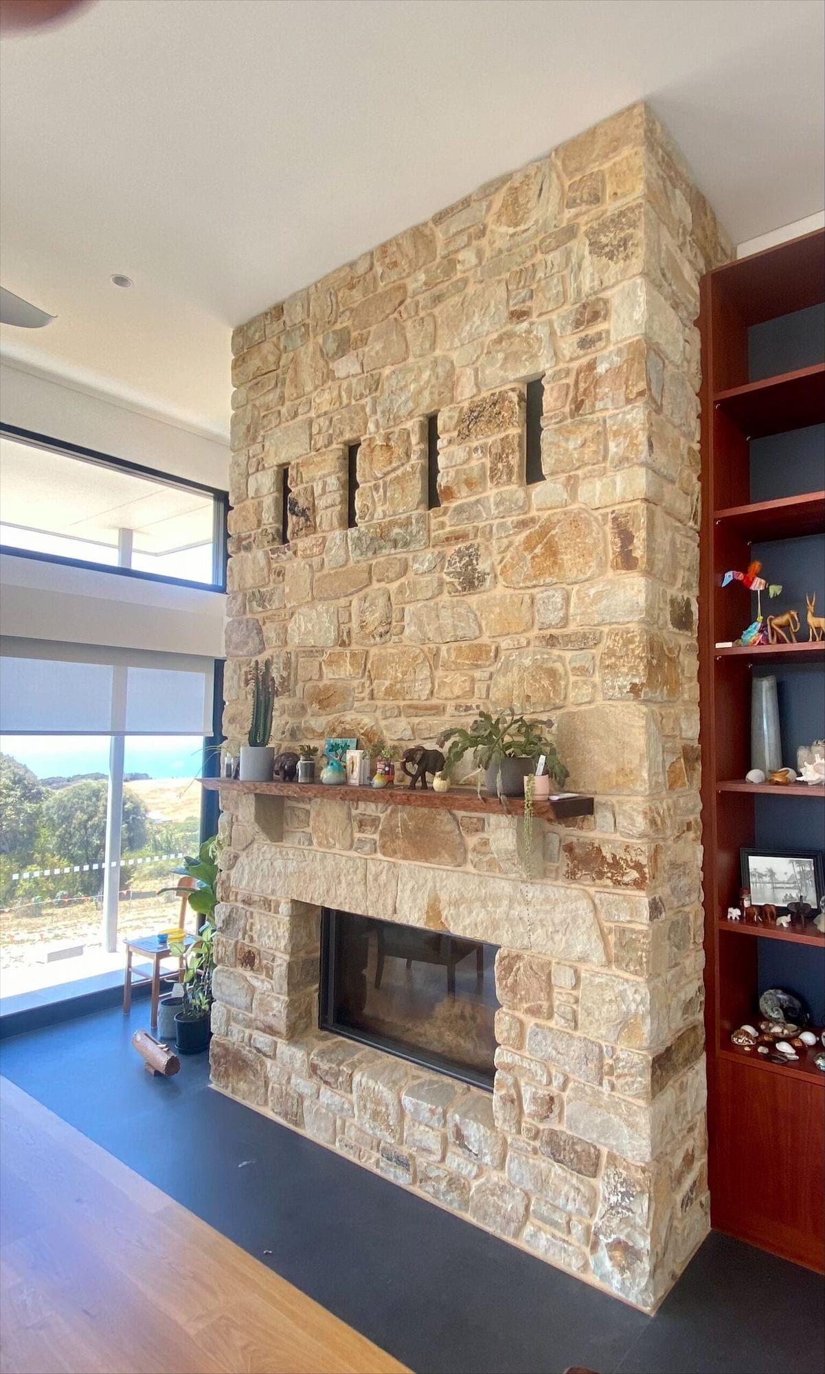 Contemporary stone fireplace